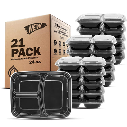Freshware Recipientes para Preparación de Comidas, Herméticos - 3 compartimentos, 24 onzas, paquete de 21