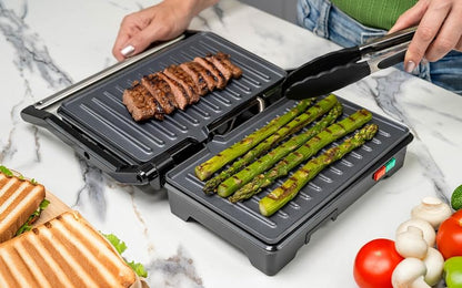 Hukën x MasterChef | Parrilla Eléctrica Multifuncional | Panini GRILL+ 2 Rebanadas | Apertura 180° | Antiadherente de Alto Nivel | Calentamiento Rápido | Temperatura Automática | Acero Inoxidable