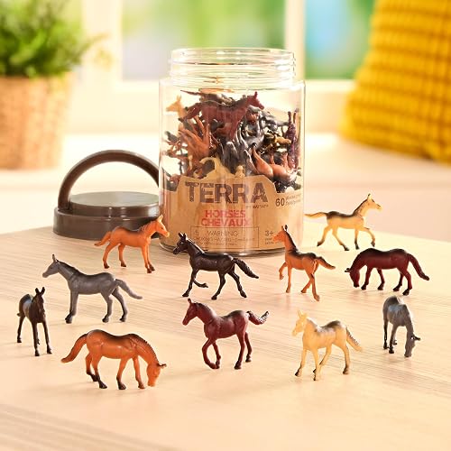 Terra by Battat Caballos en Tubo, Figuras de Caballos en Miniatura | Set de 60 caballos de juguete de plástico en distintas posturas, para dioramas o coleccionar, Caballos en tubo, 3 años y +