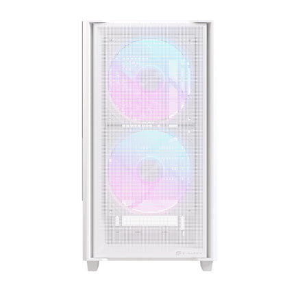 EINAREX Pulse PM150 White - Gabinete Micro-ATX, Cristal Templado, Panel Frontal de Malla, Incluye 3 Ventiladores RGB, USB C, Soporta Enfriamientos de 240mm