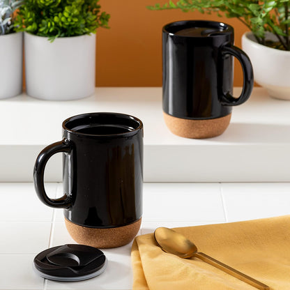 Gibson Home Modani Juego de 2 tazas de cerámica grandes de 16 onzas con parte inferior y tapa de corcho extraíble, color negro