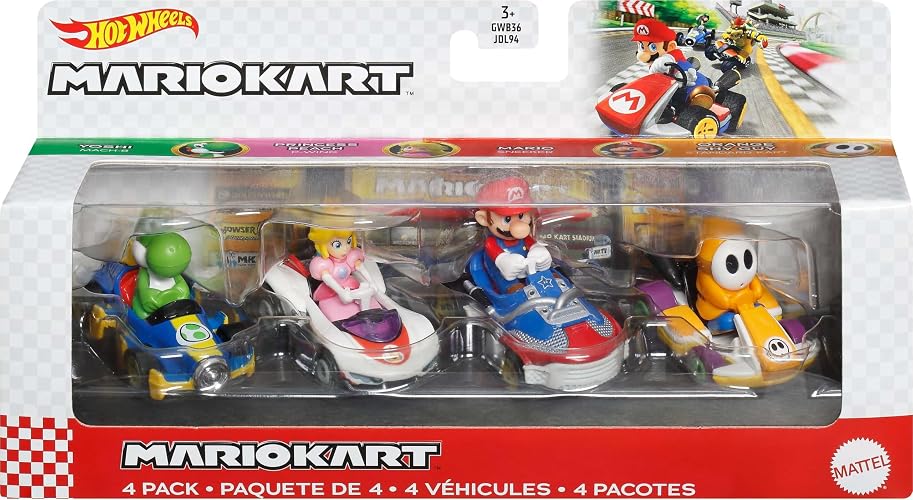 Hot Wheels Mario Kart, Paquete de 4 Autos, Vehículos de Juguete para niños de 3 años en adelante