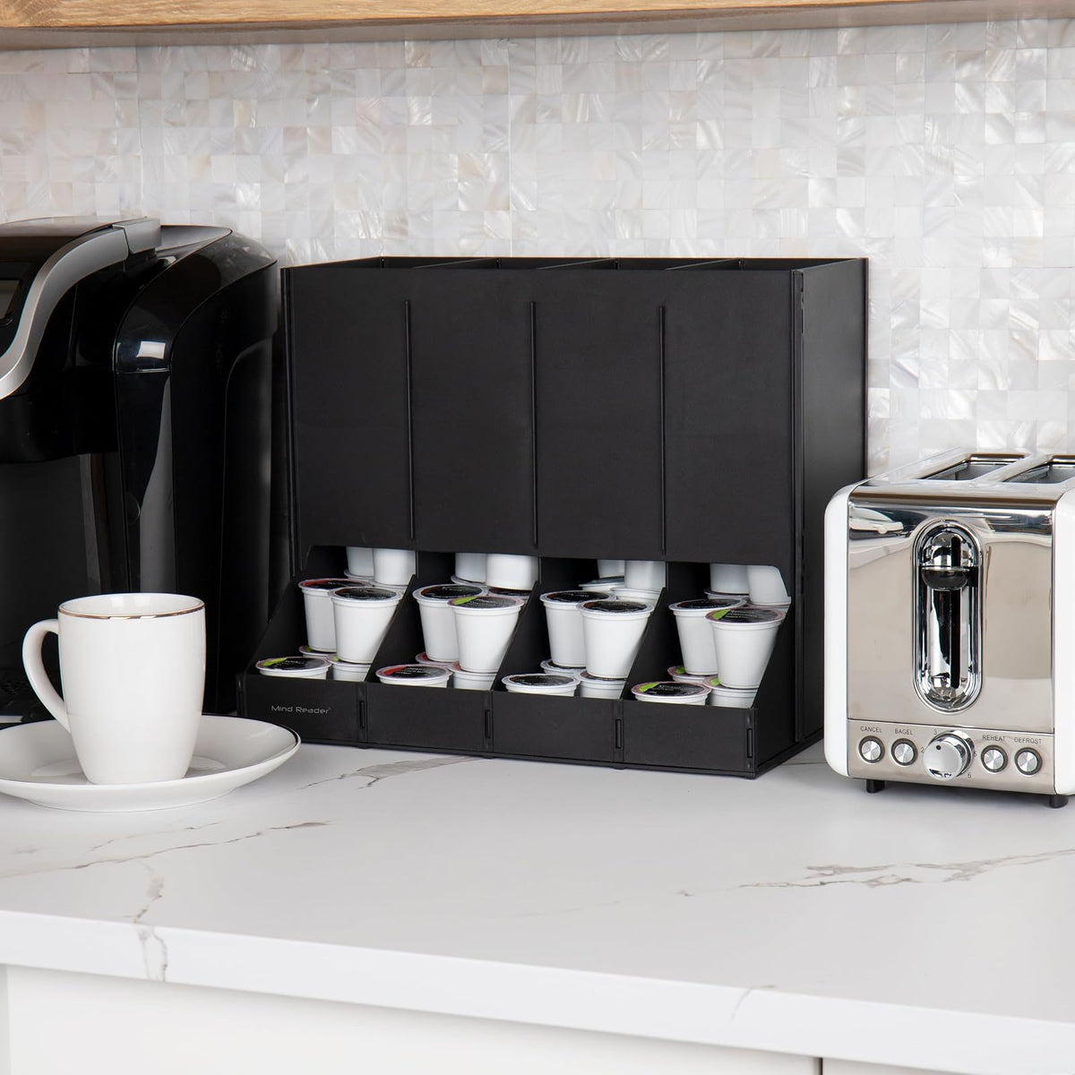 Mind Reader 4-Compartment Single Serve Coffee Pod Dispenser, 120 Pod Capacity, Breakroom, 14.5" L x 9" W x 12.25" H, Black