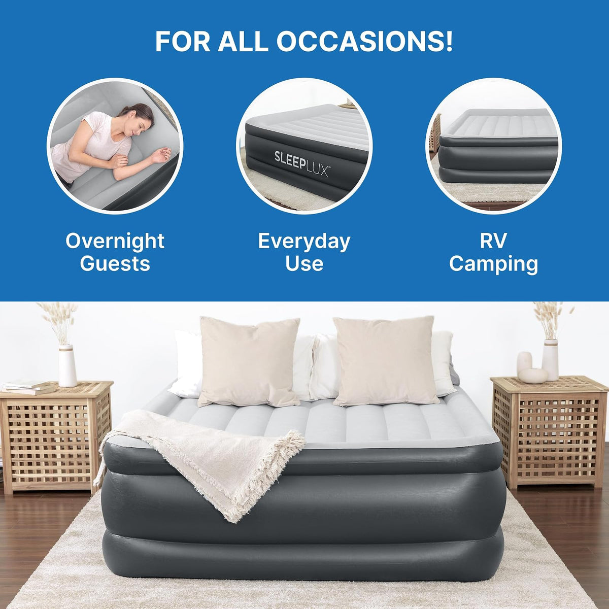 SLEEPLUX Colchón de Aire Inflable Duradero con Bomba integrada, Almohada y Cargador USB, 22 Pulgadas de Alto tamaño Queen
