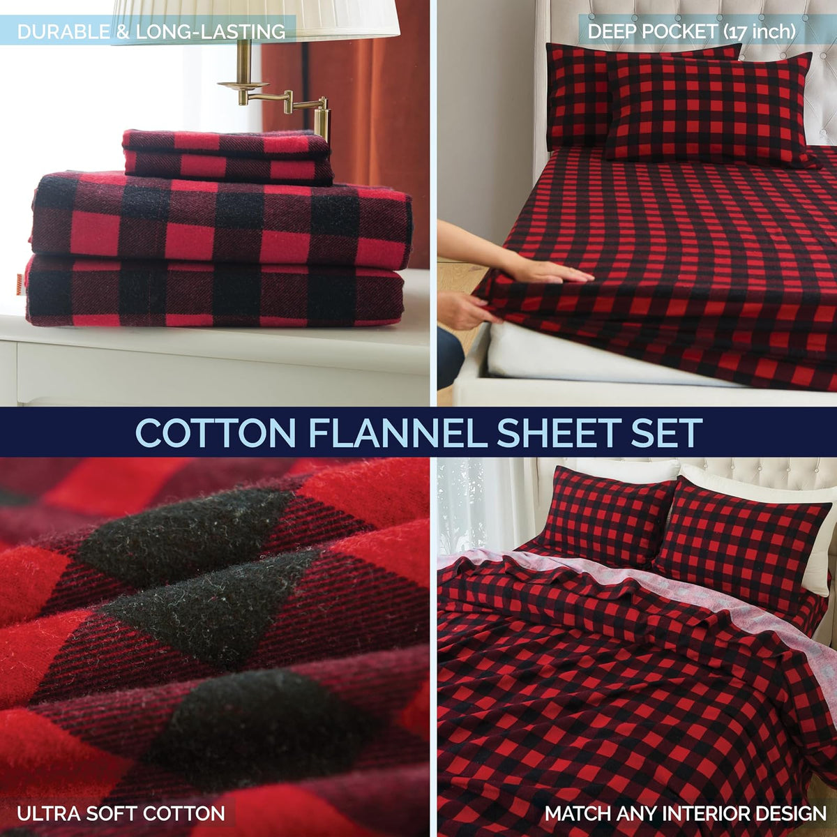 Elegant Comfort - Juego de sábanas de Franela Ultra Suaves de 4 Piezas, 100% algodón Turco, sábanas de Franela a Cuadros de búfalo, cálidas y acogedoras, de Calidad Premium, sábana Bajera Ajustable