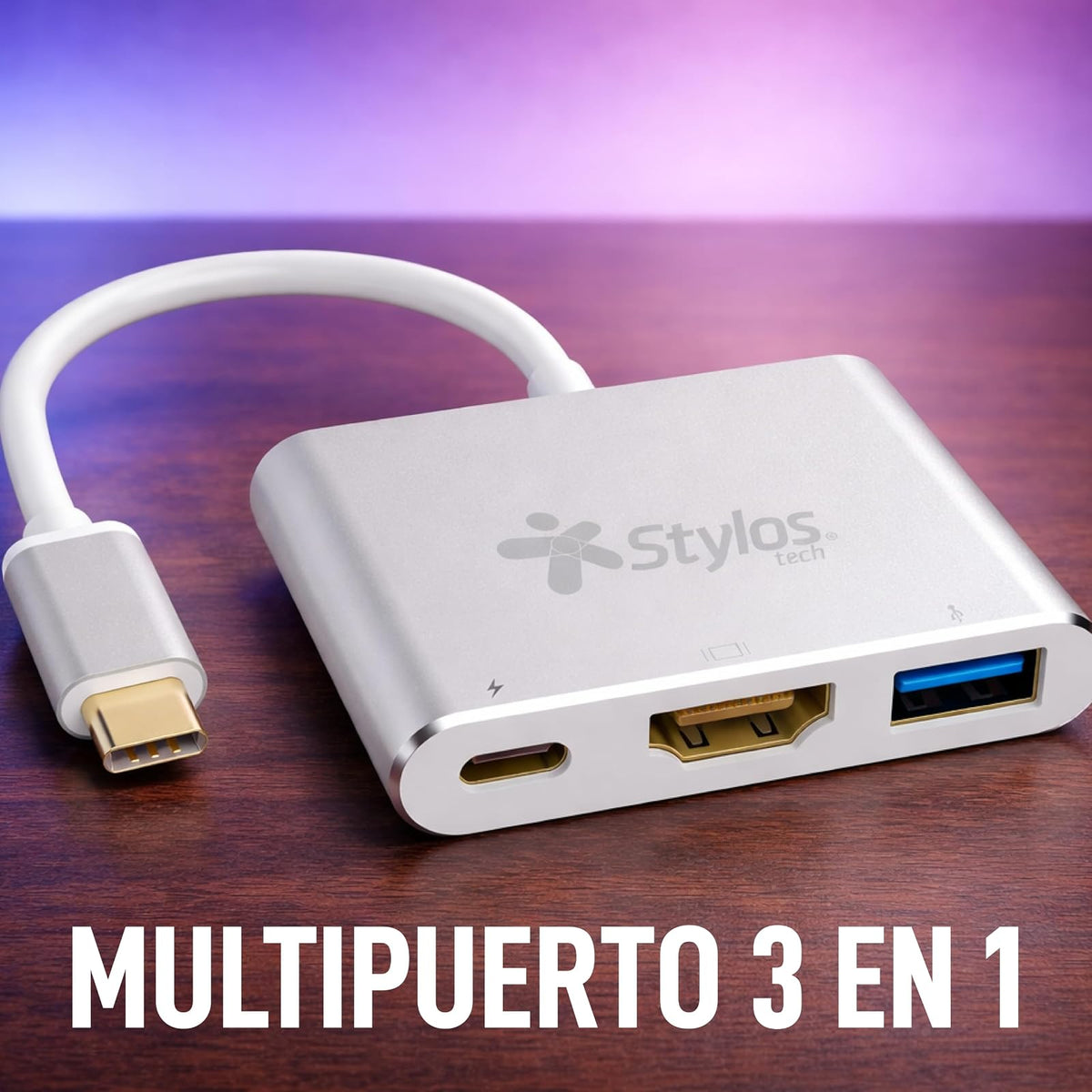 Hub 3 en 1 Adaptador Tipo C a HDMI, USB y Tipo C Stylos Tech