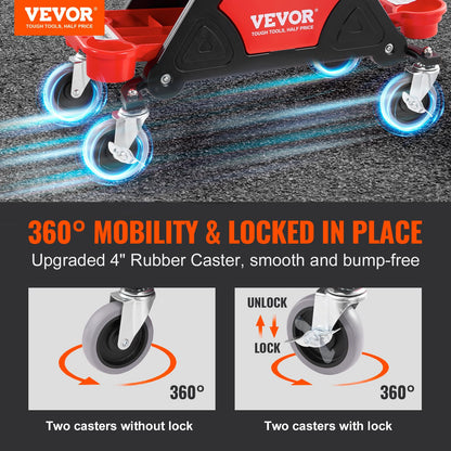 VEVOR Taburete de Taller Móvil 640 x 335 x 390 mm, Carga 136 kg Taburete de Mecánico con 2 Ruedas Asiento con Cerradura 450 x 250 mm con Bandejas de Herramientas para Mantenimiento, Reparación