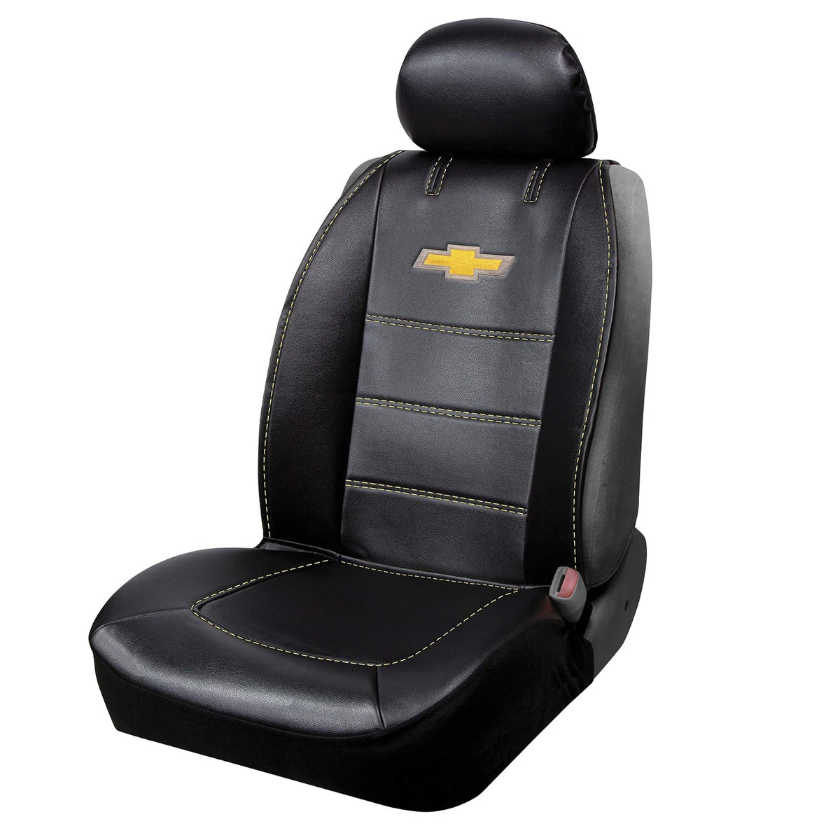Plasticolor 008626R01 - Funda de Asiento de Lujo Compatible con el Logotipo Bordado de Chevrolet, Costuras de Alto Contraste, 3 Piezas, sin Laterales, Color Negro