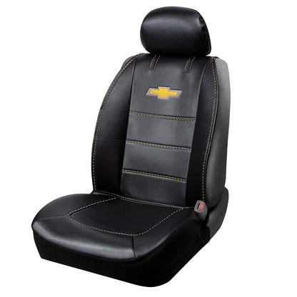 Plasticolor 008626R01 - Funda de Asiento de Lujo Compatible con el Logotipo Bordado de Chevrolet, Costuras de Alto Contraste, 3 Piezas, sin Laterales, Color Negro