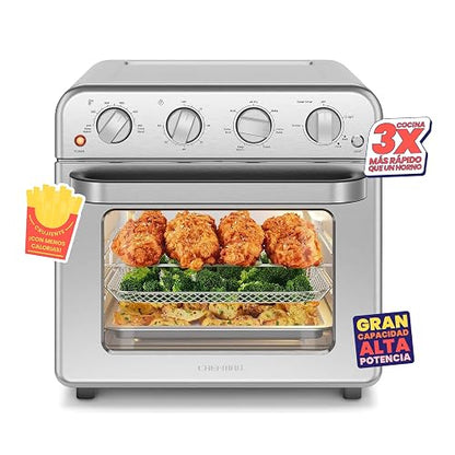 Chefman Combo de horno tostador de freidora de aire, 7 en 1, horno de convección extra grande de 18 L, cocinar una pizza de 10 pulgadas, temporizador integrado, apagado automático, acero inoxidable