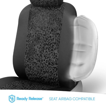 BDK SC553 Juego Fundas Asiento Automóvil Leopardo Negro Delanteros Estampado Animal Reposacabezas Diseño Sin Lados Fácil Instalación para Automóviles Camiones SUV 2 Piezas