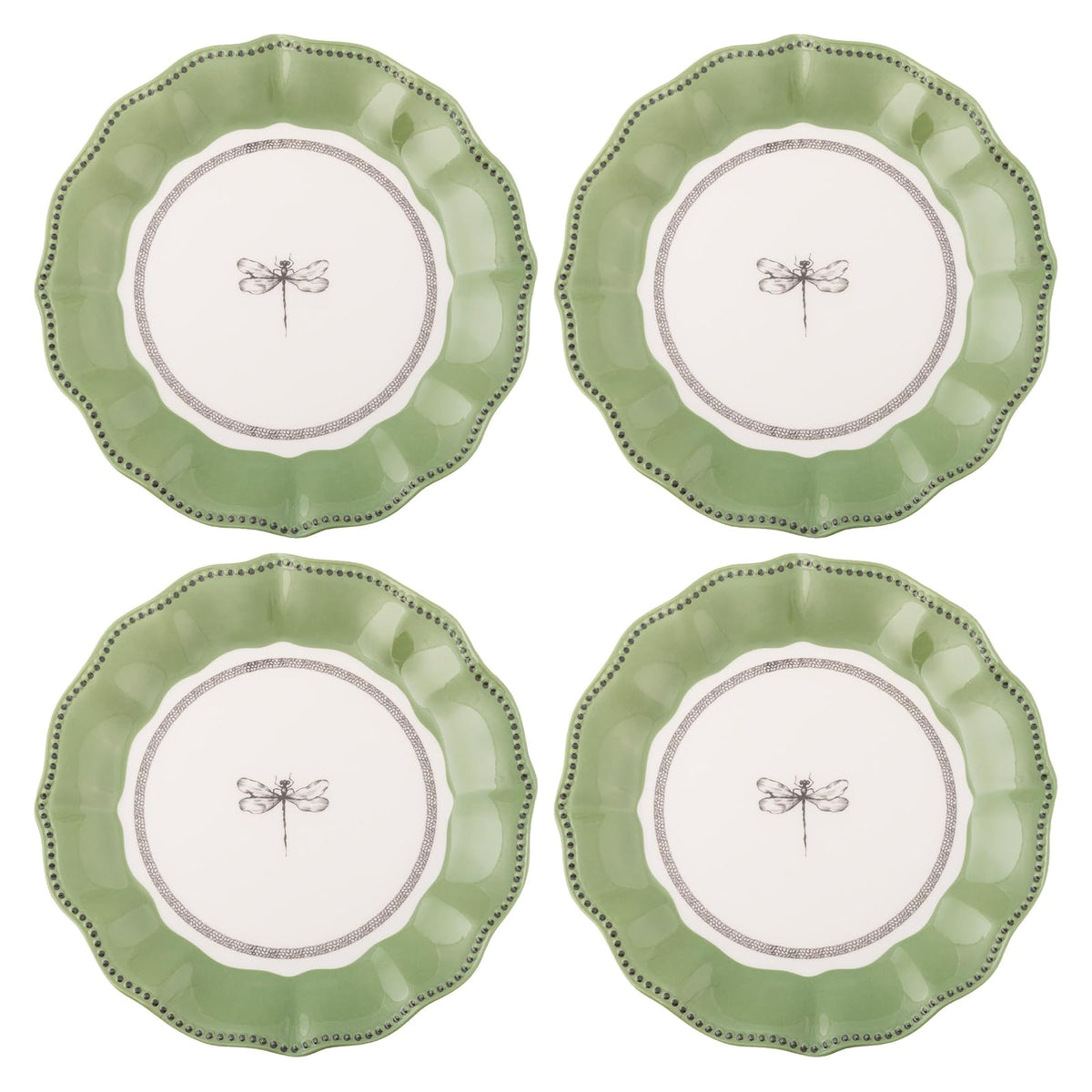 Karma, Juego de 4 platos de melamina de 22,2 cm, reutilizables, aptos para lavaplatos, para exteriores e interiores, libélula