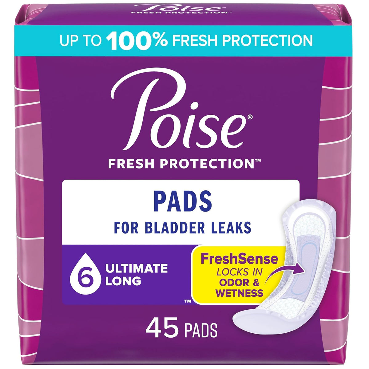 Poise Incontinence Overnight Pads, Ultimate Absorbency, Long, 45 Count