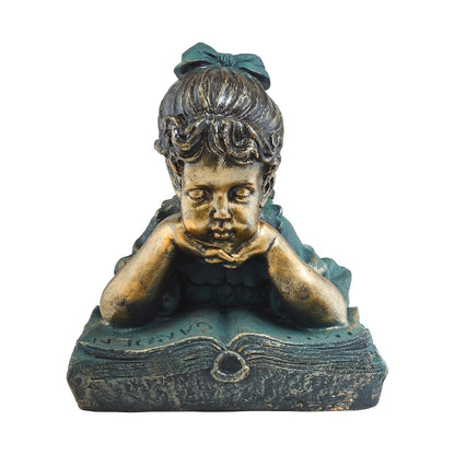 Alpine Corporation 16" Tall Indoor/Outdoor Girl Laying Down Reading Book Statue Set Yard Art Decoration