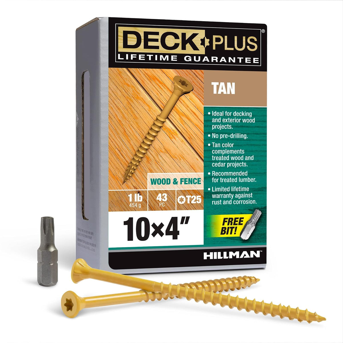 Deck Plus 48423 - Tornillos para madera #10 x 4 pulgadas, color bronceado, caja de 1 libra