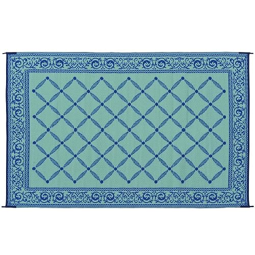 Stylish Camping 116093 - Tapete reversible de 6 pies por 9 pies, alfombra de paja de plástico, tapete grande para exteriores, RV, patio, patio, picnic, playa, camping (azul/verde claro)