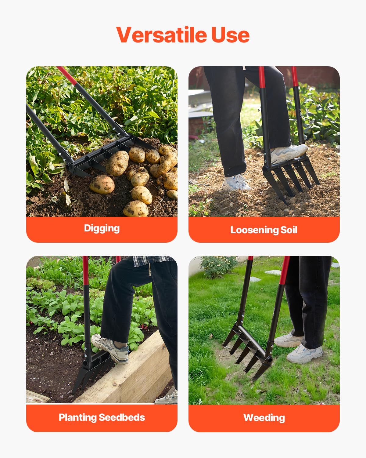 VEVOR Horquilla Ancha, Horquilla de 5 Puntas con Asas de Fibra de Vidrio duales, Tenedor de jardín Resistente, Horquilla de Mano ergonómica con diseño en Forma de U, Herramienta de jardinería para