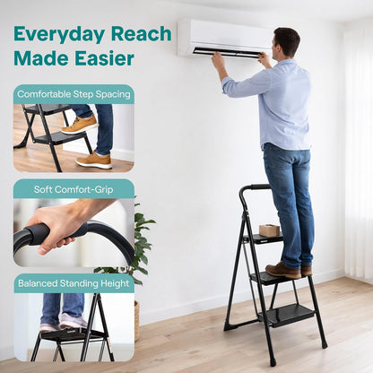 SereneLife Escalera Plegable de Acero de 3 Peldaños Anchos Antiderrapantes con Pasamanos, Capacidad de 150 kg, Ideal para Limpieza, Decoración y Tareas del Hogar