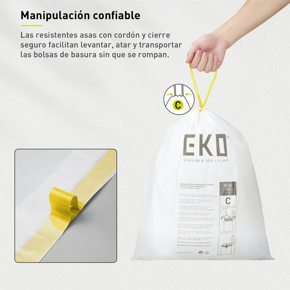 EKO Bolsas de Basura Tamaño C. 10-15 Litros. 80 unidades Caja dosificación fácil. Compatible con bote de basura EKO, uso en cocina, doméstico, extrafuertes, con cordón