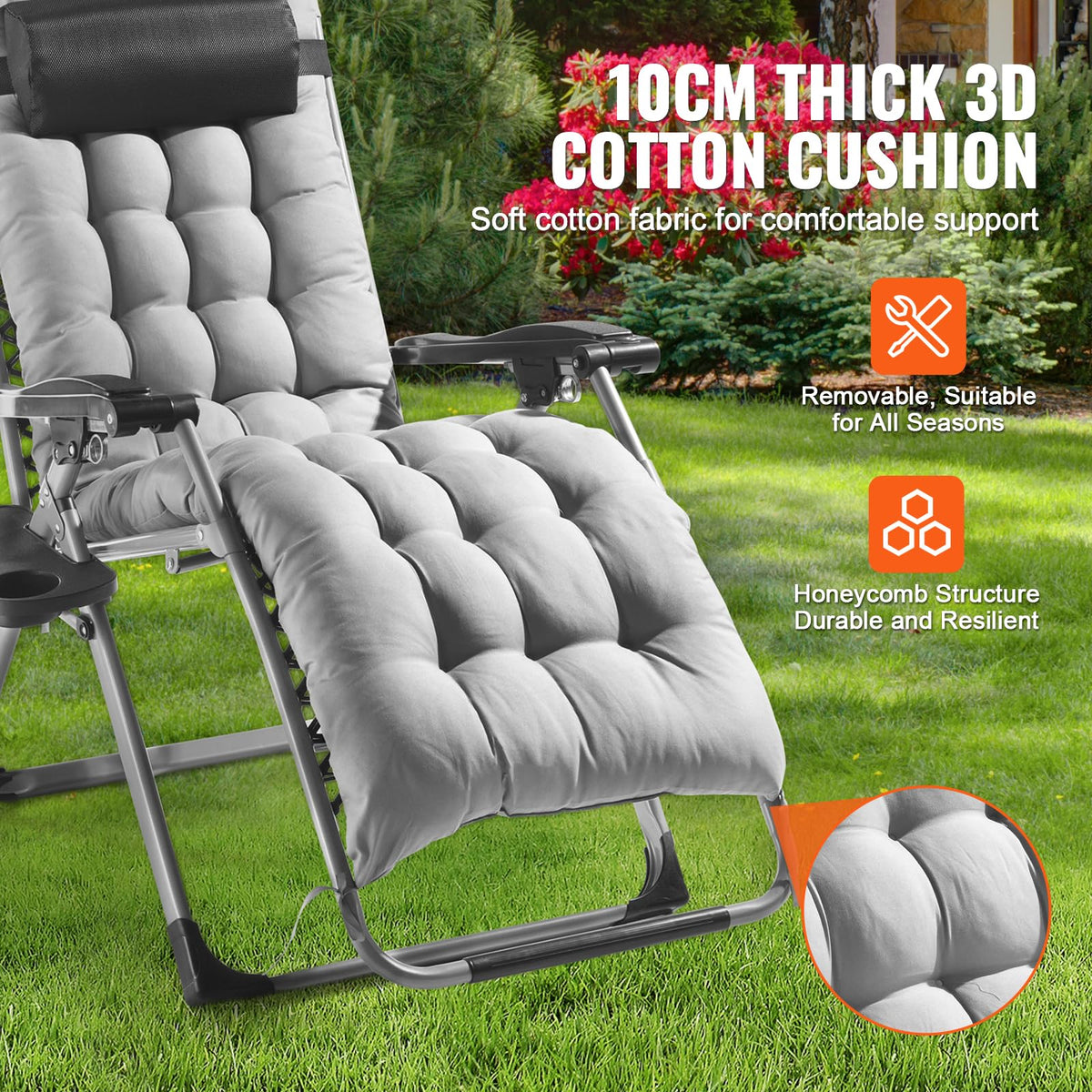 VEVOR Silla de Gravedad Cero 645 mm Sillón Reclinable para Jardín Tumbona para Terraza Capacidad de 226,8 kg Tumbona Antigravedad Ajustable con Cojín Reposacabezas Reposapiés Portavasos, Gris