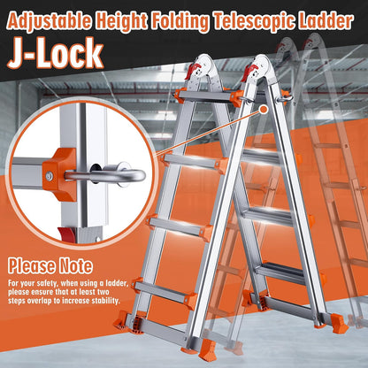 Escalera telescópica con Marco en A de 14 pies con Barra estabilizadora, Escalera de extensión Plegable de Aluminio de 4 escalones, compacta y Ahorra Espacio para Trabajo doméstico o al Aire última
