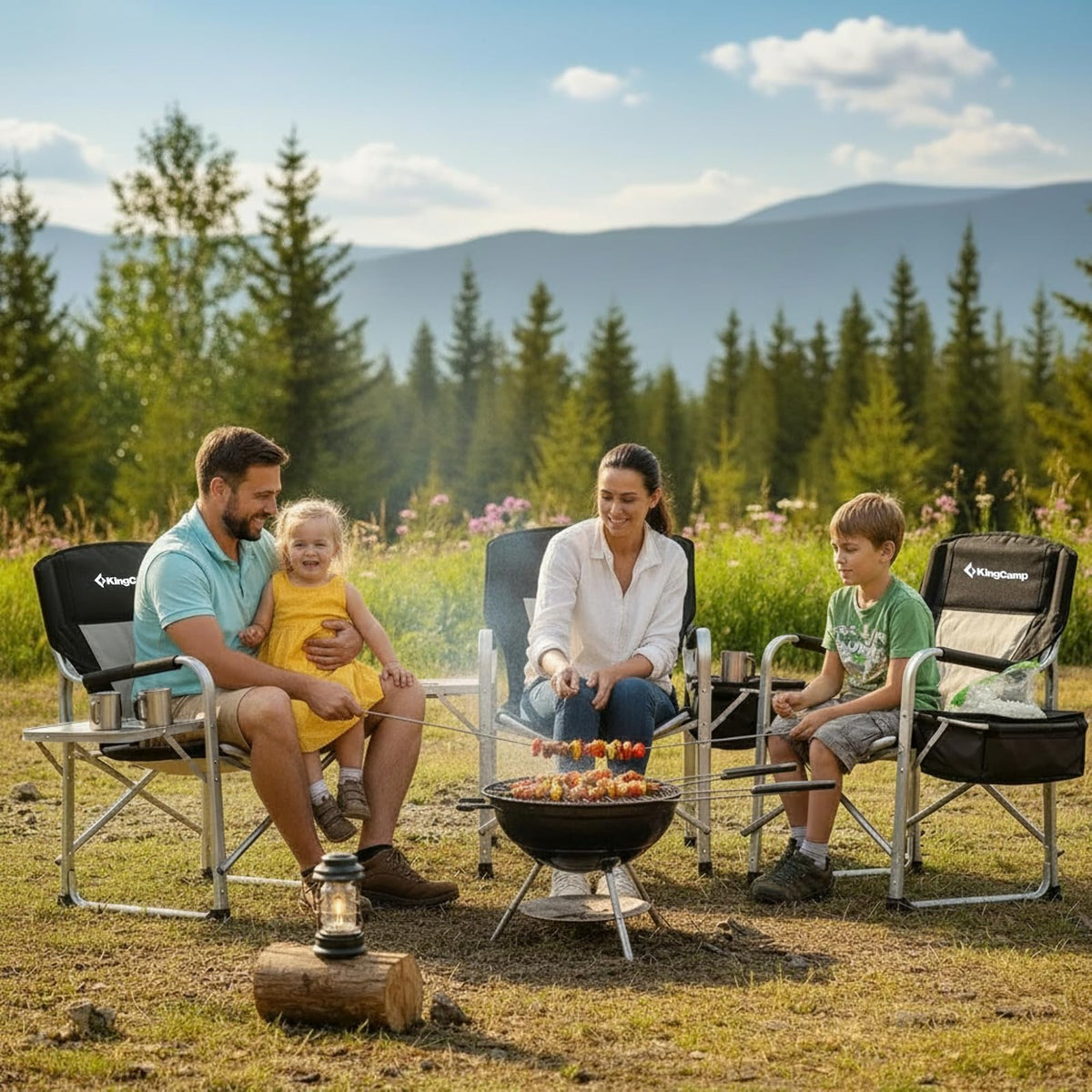 KingCamp Silla Director XXL Extra Grande con Mesa Lateral, Silla de Camping Reforzada 600 LB con Bolsa Térmica, Plegable y Portátil con Asiento Ancho para Camping, Pesca, Jardín y Deportes