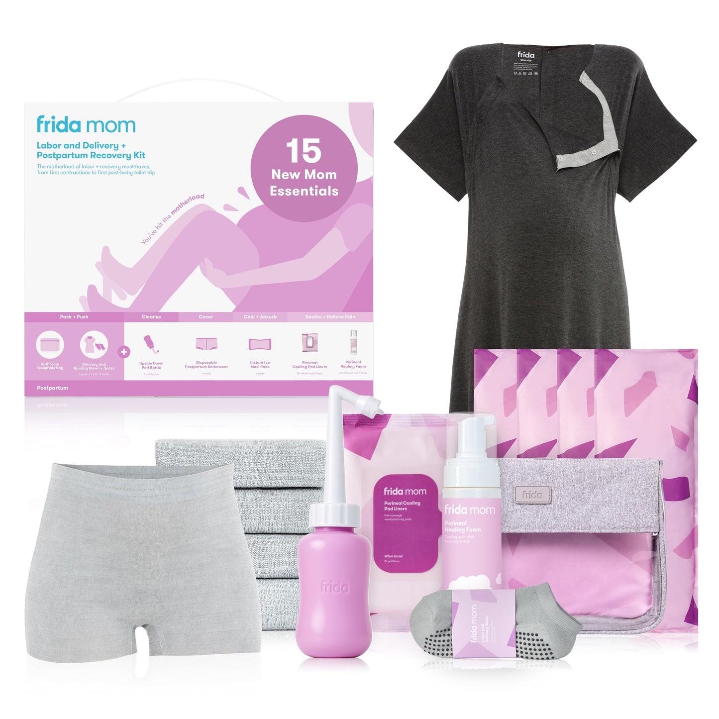 Frida Baby - Kit de embalaje Frida Mom Hospital para trabajo de parto, parto y posparto | bata de lactancia, calcetines, biberón, ropa interior desechable, maxi almohadillas de hielo