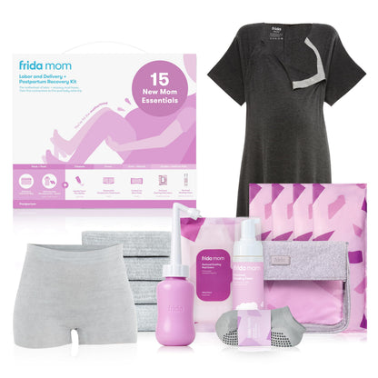 Frida Baby - Kit de embalaje Frida Mom Hospital para trabajo de parto, parto y posparto | bata de lactancia, calcetines, biberón, ropa interior desechable, maxi almohadillas de hielo