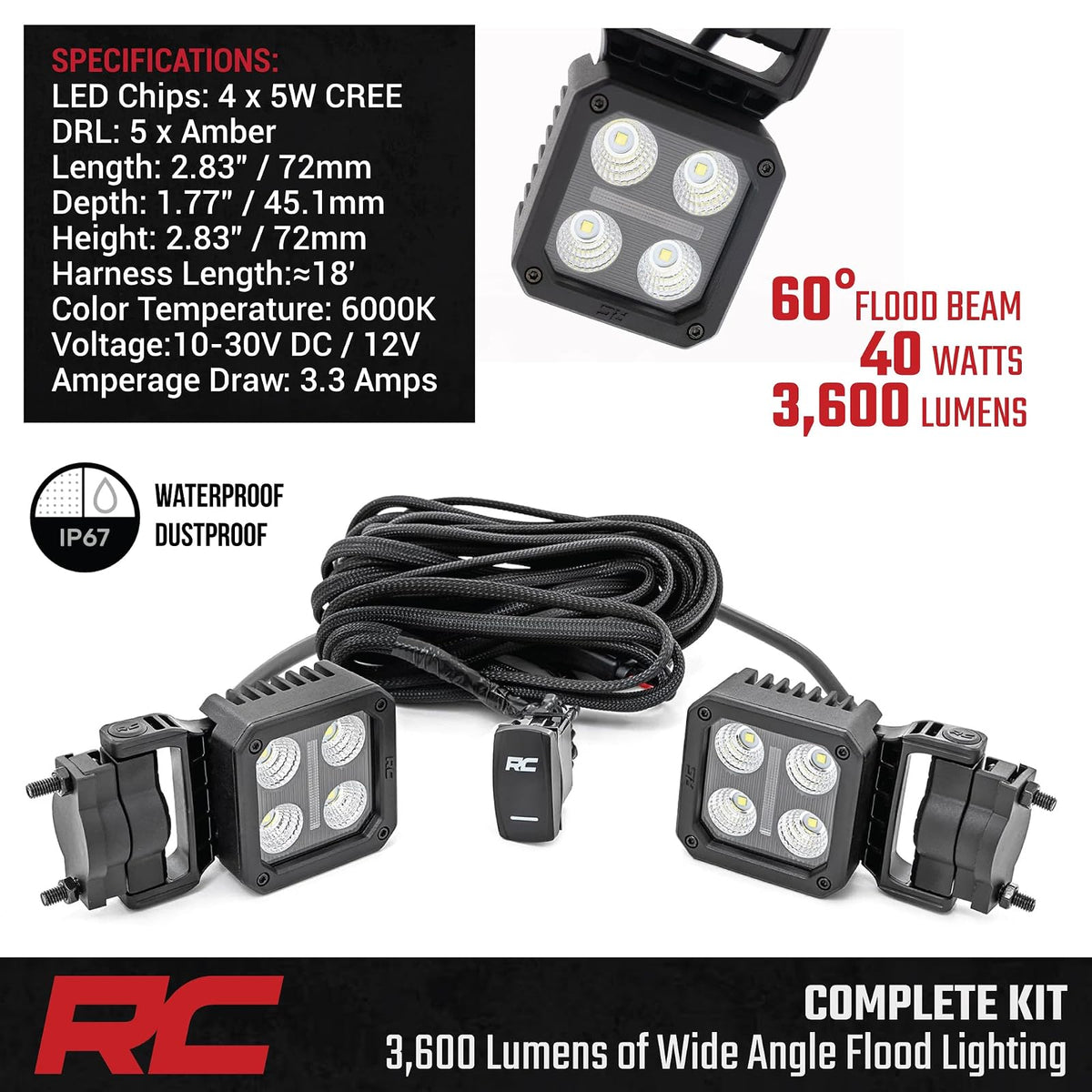 Rough Country 70802 - Luces LED cuadradas de 2 pulgadas, color negro