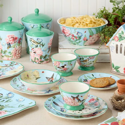 Flora - Juego de 4 platos de ensalada - Platos de cerámica de 9 pulgadas con vibrantes diseños florales, mariposas y libélulas, vajilla duradera para ensaladas, aperitivos y postres