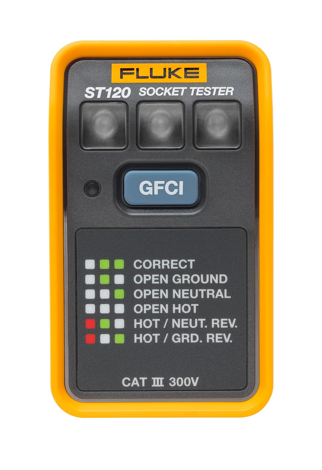 Fluke ST120 Probador de Tomacorrientes Detector de Voltaje Comprobador Prueba GFCI Detección Rápida de Errores de Cableado 6 Estados LED Alta Visibilidad