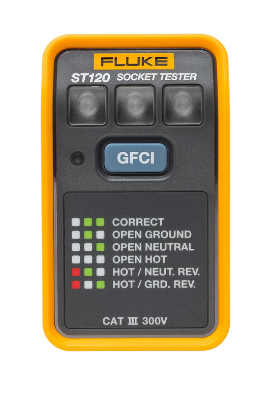 Fluke ST120 Probador de Tomacorrientes Detector de Voltaje Comprobador Prueba GFCI Detección Rápida de Errores de Cableado 6 Estados LED Alta Visibilidad