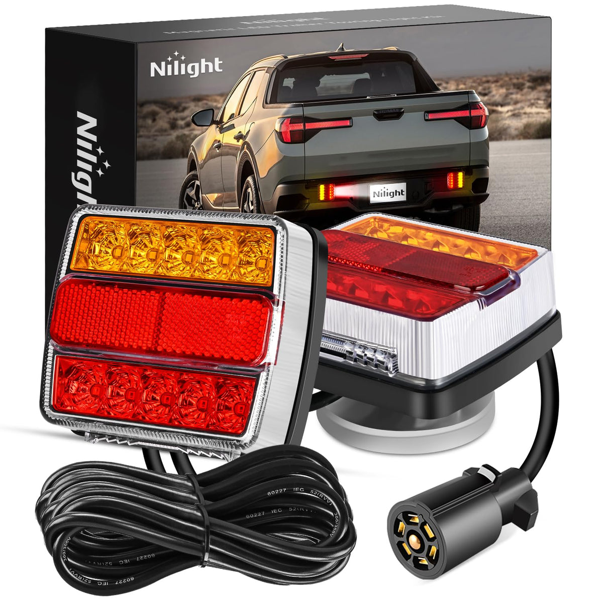 Nilight TR-143 Kit de Luces LED Magnéticas para Remolque, Cable de 25 Pies con Enchufe de 7 Pines, Luces de Parada/Giro/Matrícula Ámbar, 12 V