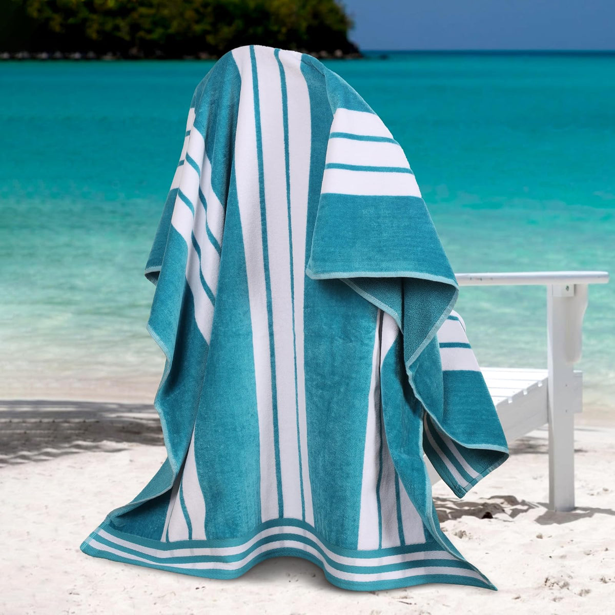 Superior Collection Luxurious Jacquard Cotton Beach Towels, Oversized, Turquoise Cabana Stripes
