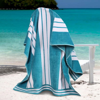 Superior Collection Luxurious Jacquard Cotton Beach Towels, Oversized, Turquoise Cabana Stripes
