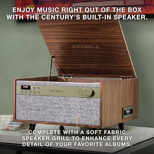 Victrola Century - Tocadiscos Bluetooth 6 en 1 - Natural Centro Musical de Mediados de Siglo Reproduce Vinilo, CD, Casete y Auxiliar, VINYLSTREAM transmite Discos a Altavoces Bluetooth