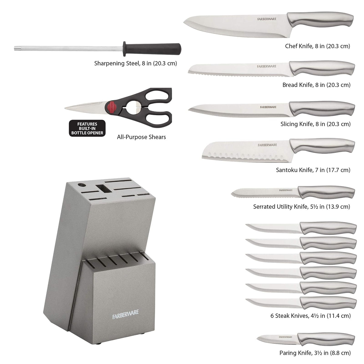 Farberware Juego de 15 cuchillos de acero inoxidable estampado, juego de cuchillos de cocina de acero inoxidable de alto carbono con asas ergonómicas, cuchillos afilados con bloque de madera, juego de