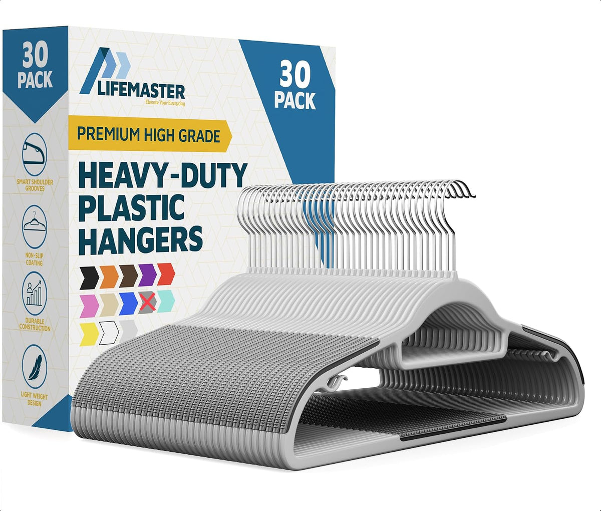 Lifemaster - Juego de Perchas de plástico – 30 Piezas versátiles, Ligeras, ahorradoras de Espacio, Antideslizantes, de diseño Delgado, seco y húmedo, con Gancho Giratorio de 360° y Revestimiento de