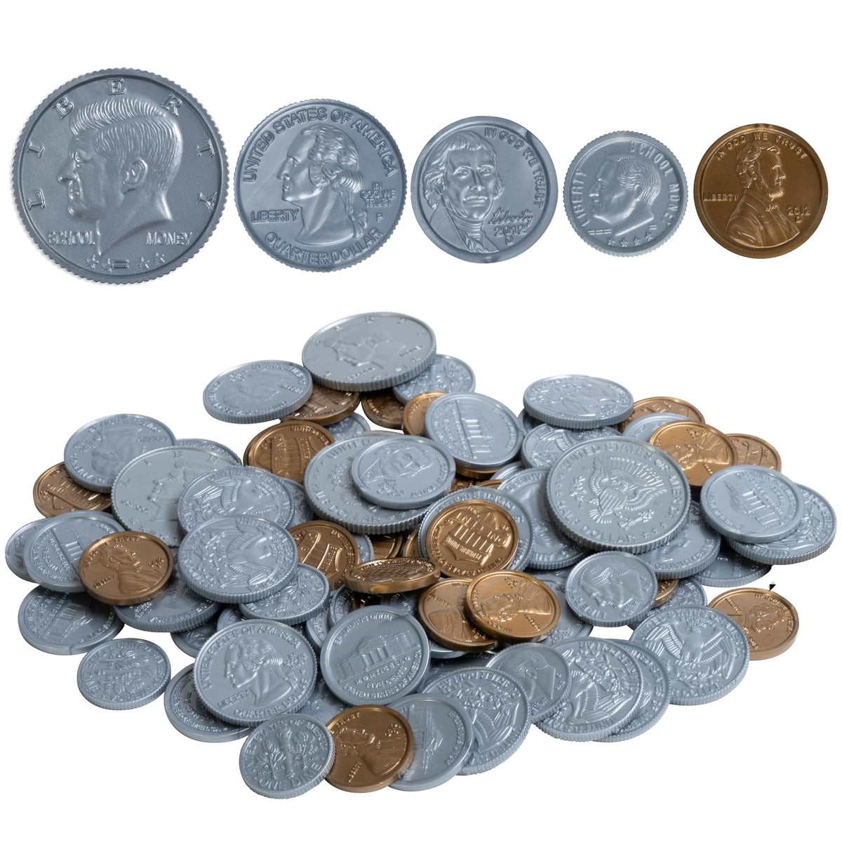 LEARNING ADVANTAGE Juego de monedas – 30 centavos, 20 níquel, 20 centavos, 20 cuartos y 4 medios dólares, monedas realistas para juego de simulación - Juego de monedas de juego