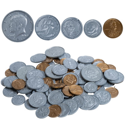 LEARNING ADVANTAGE Juego de monedas – 30 centavos, 20 níquel, 20 centavos, 20 cuartos y 4 medios dólares, monedas realistas para juego de simulación - Juego de monedas de juego