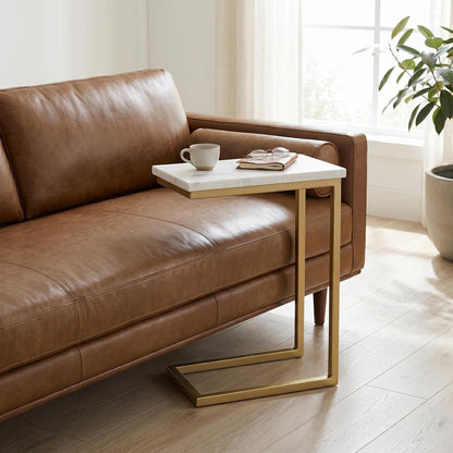 SIMPLIHOME Skyler - Mesa Auxiliar de Metal de 18 Pulgadas de Ancho en Blanco y Dorado, en Forma de C con Parte Superior de mármol Genuino para Sala de Estar, recámara u Oficina en casa