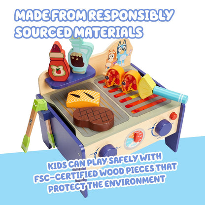 Bluey 8th Wonder - Juego de Juguetes de Madera para Ensalada y Parrilla de Barbacoa, Juego de 33 Piezas, con Pinzas, Alimentos y 6 Tarjetas de Receta, Juguetes de Cocina para niños a Partir de 3 años