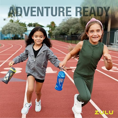 ZULU - Paquete de 2 botellas de agua de plástico para niños de 16 onzas con funda de silicona y tapa abatible a prueba de fugas, bucle de transporte suave al tacto para mochila escolar, lonchera sin