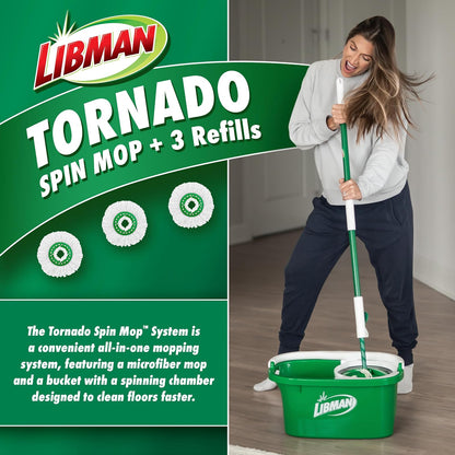 Libman Tornado - Sistema de trapeador giratoria con 3 Cabezales de Recarga, trapeador giratoria de Microfibra y cubeta con Juego de escurridor para el hogar, Limpieza de Suelos de Madera Dura, Laminado,