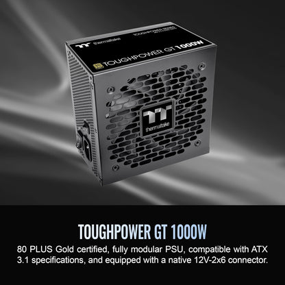 Thermaltake Toughpower GT 1000W; ATX 3.1; PCIe nativo 5.1 12V-2x6; modular completo; cables planos; conectores a juego de color; condensadores principales japoneses; oro 80 Plus; 140 mm; negro; PS-TPT
