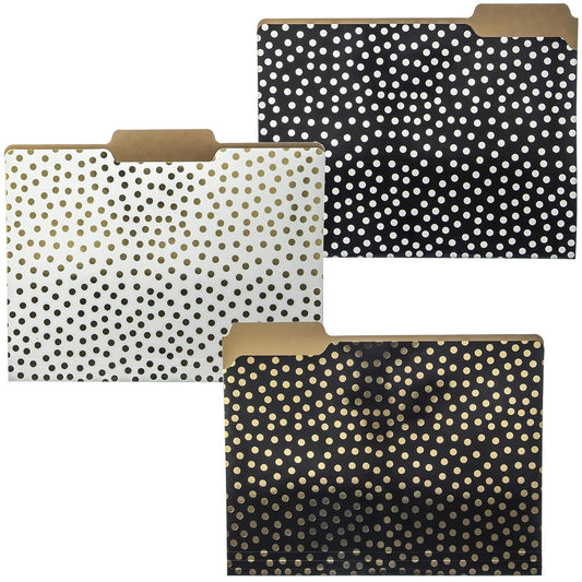 Graphique Designer - Carpetas de archivo de lunares en negro, blanco y dorado | Juego de 9 (3 diseños) | Organizadores de tamaño carta | Suministros de oficina decorativos | Cartulina recubierta