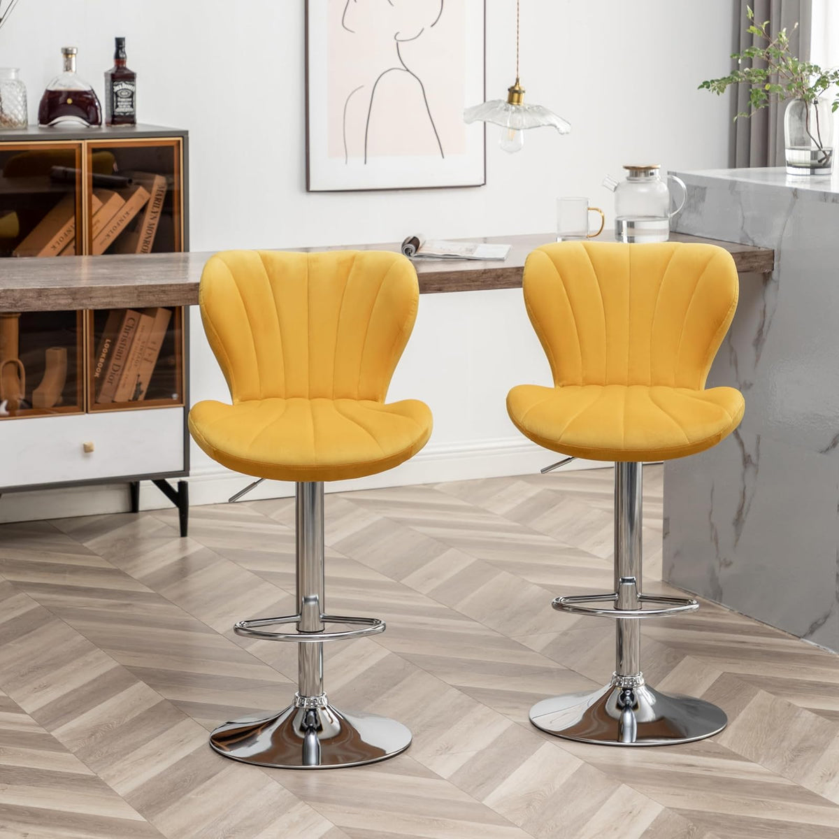 Roundhill Furniture Ellston - Taburetes giratorios de Terciopelo Ajustables en Amarillo, Juego de 2