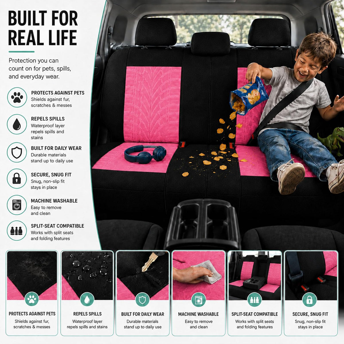 FH Group - Juego Completo de Fundas de Asiento de Automóvil de Tela Premium, Ajuste Universal, Funda de Asiento para automóvil, Fundas de Asiento Delantero Trasero bajo, Compatible con Bolsas de Aire,