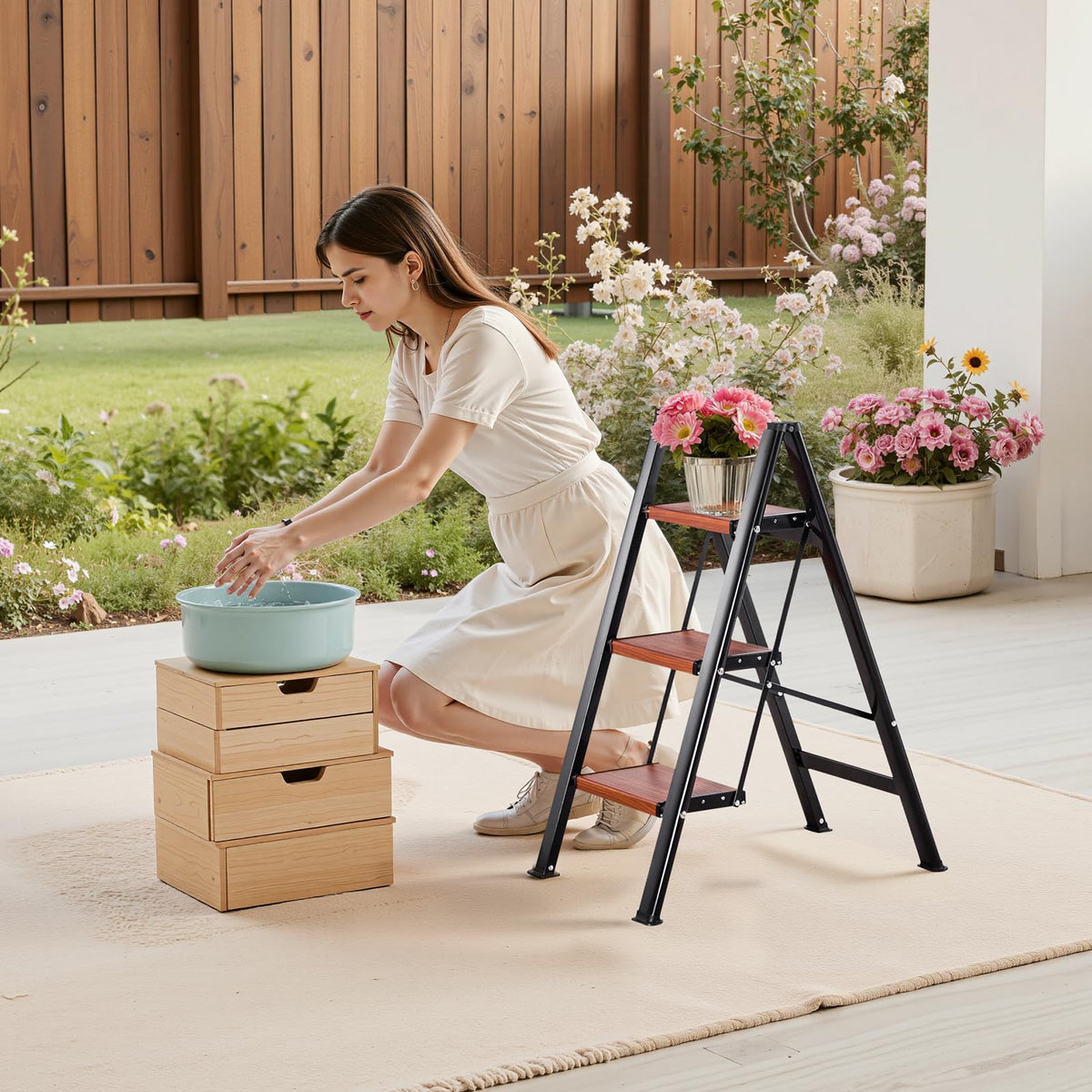 VEVOR Escalera Plegable 3 Peldaños, Escalera de Tijera con Pedal Ancho Antideslizante y Empuñadura Cómoda, Capacidad de 150 kg, Taburete Multifuncional para Cocina, Hogar, Plantas, Reparaciones