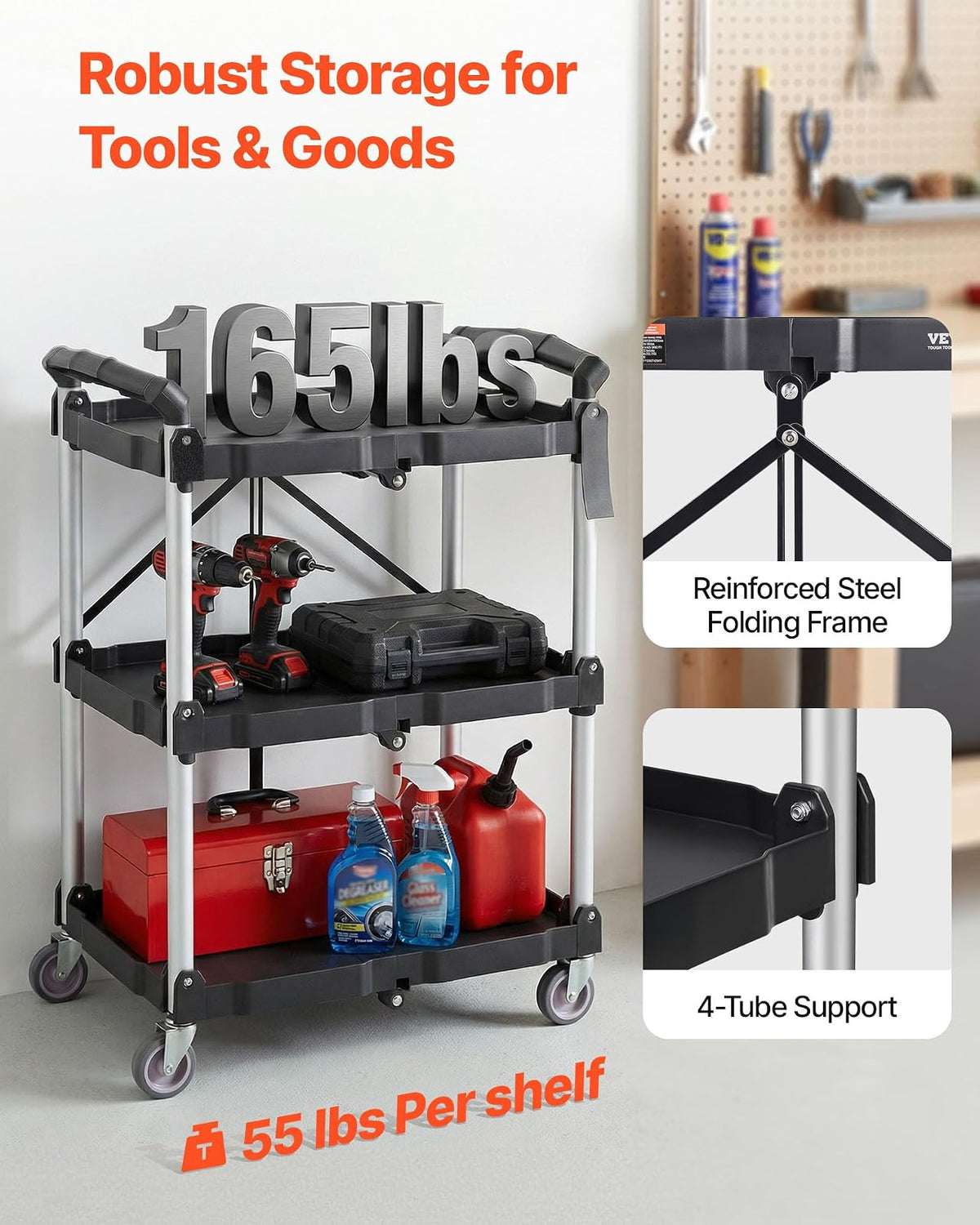 VEVOR Foldable Utility Service Cart, 3 Shelf 165LBS Heavy Duty Plastic Rolling Cart with Lockable Wheels, Ergonomic Handle, Portable Garage Tool Cart for Warehouse/Office/Home(25.62"x15.43"x32.76")